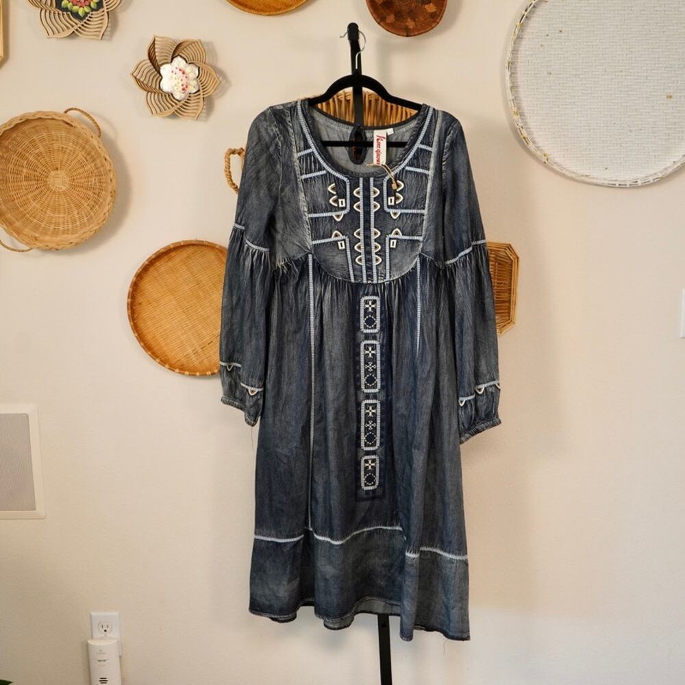 Keer Qiaowa Long Sleeve Pullover Tunic Dress Chambray‎ Womens Size Large